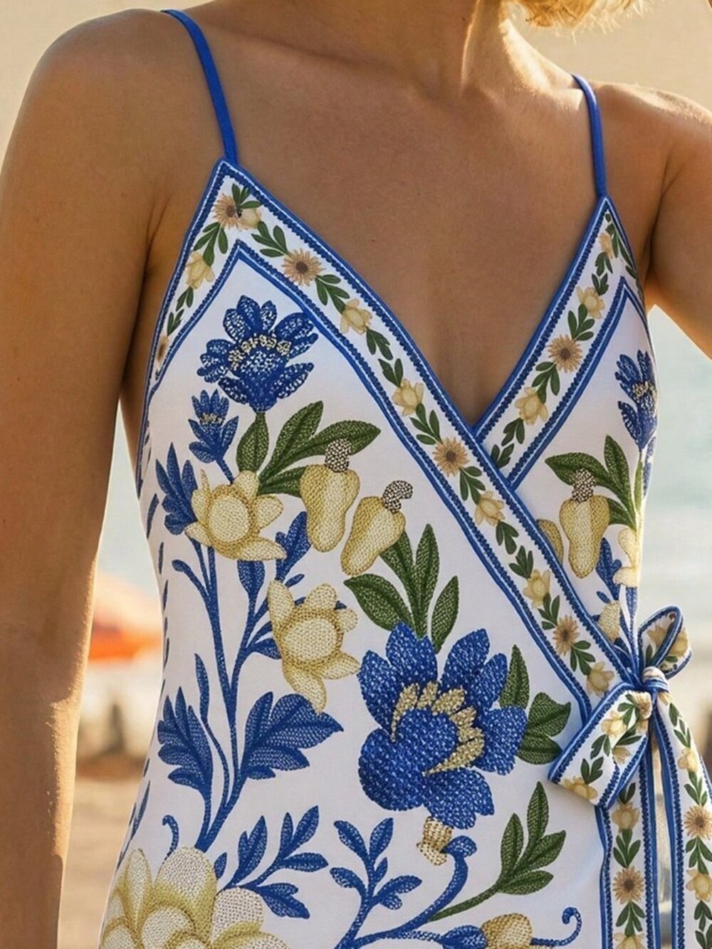 Blue Boho Women's Vacation Floral Print Wrap Tie Strap Dress - Picture 5 of 7